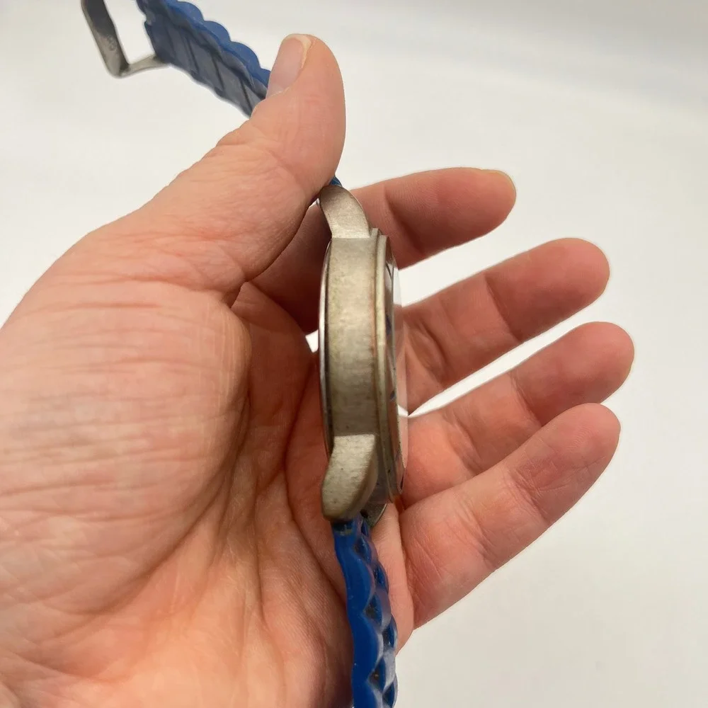 Titanium Quartz Watch Blue Silicone‎ Strap Silver Chronograph Dial Japan Movt